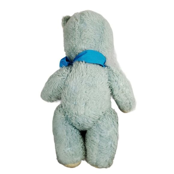 Vintage Teddy Bear Plush Blue Moveable Arms Head Bow Tongue Out Stuffed Animal - Picture 2 of 12